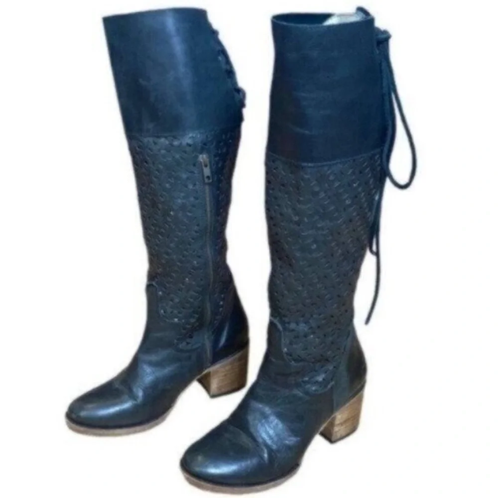 Freebird By Steven Black Creek Leather Perforated Lace Up Back Tall Boots NWOT 6